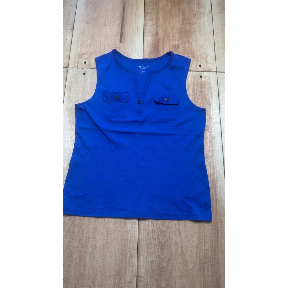 Charter Club Pima‎ Cotton Luxury Sleeveless V-Neck Pocket Top Blue Size L